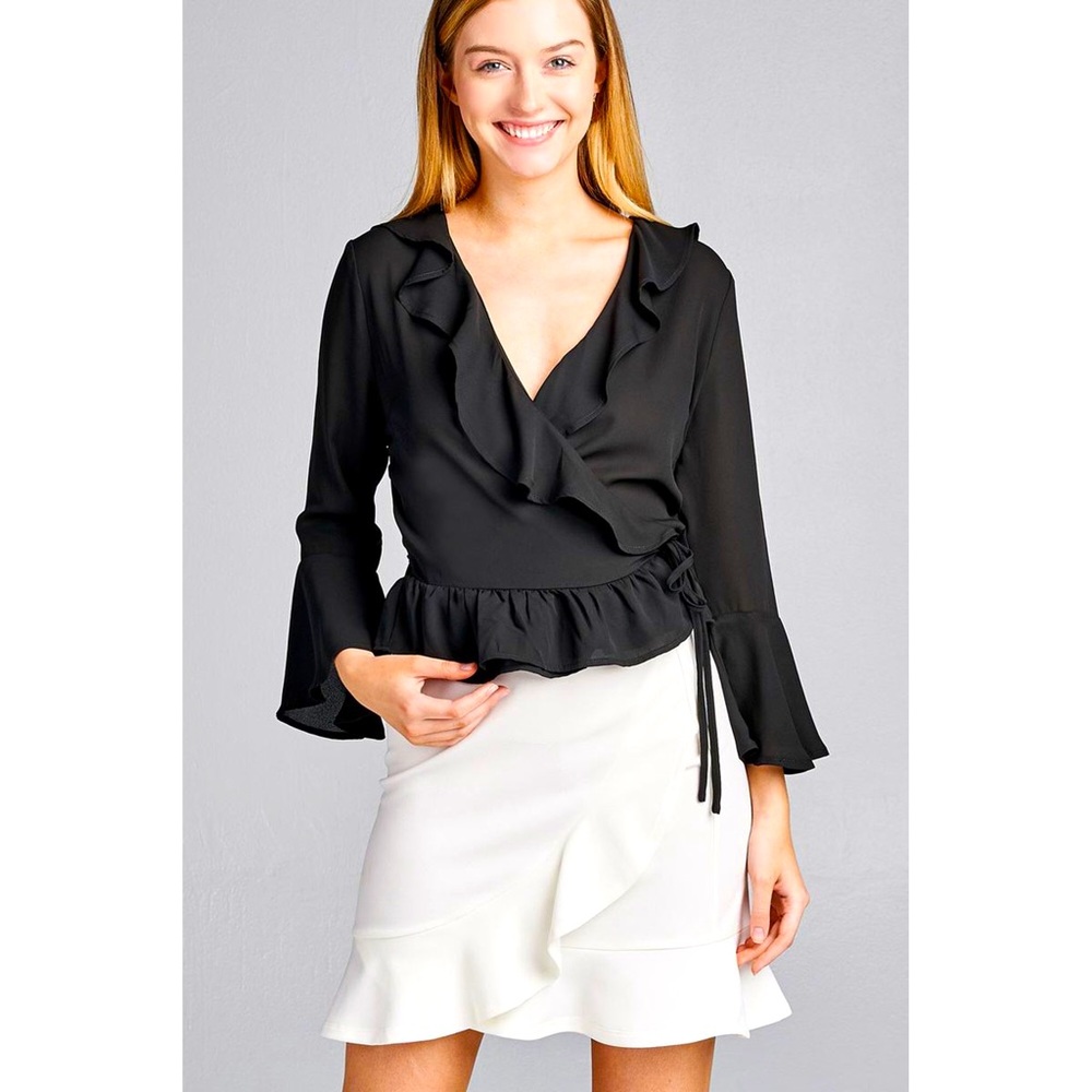 Bell sleeve wrap side tie woven top